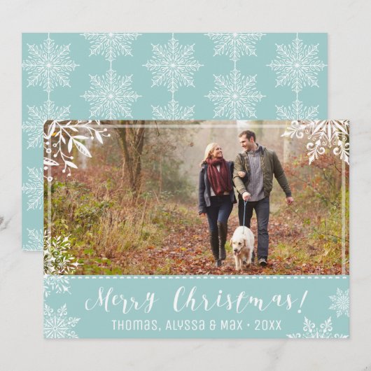 Vroege kerstfeestblauwe en sneeuw-persoonlijke fot feestdagenkaart (Voorkant / Achterkant)