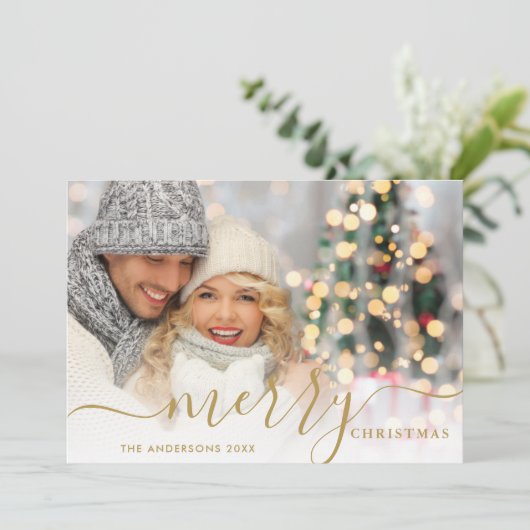 Vroege kerstfeestdag met Gold Script-fotokaart Feestdagenkaart (Staand voorkant)