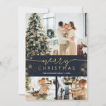 Vroege kerstfoto Collage Classic Blue Gold Feestdagenkaart<br><div class="desc">Vrolijk kerstkaartjes met afbeeldingen met fotocollage, met drie (3) afbeeldingen, faux golden foil typografie en golden bokeh border, tegen klassieke blauwe achtergrond. Dezelfde rand met onduidelijke stippen, op groene achtergrond, past de achterkant van dit ontwerp aan. Eenvoudig aan te passen met uw favoriete foto's, kleuren en tekst. NOTA: om het...</div>