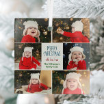 Vroege kerstfoto Collage Cute Custom Cute Gift Glas Ornament<br><div class="desc">Dit schattige,  moderne Merry-kerstornament is voorzien van een stijlvolle lay-out van 6 familiefoto's op een witte achtergrond met  blauwe,  rode en groene typografie. Dit prachtige kinder cadeau voor feestdagen is voorzien van een foto-collage van uw eigen kind met daarin uw feestelijke boodschap en familienaam in het rood.</div>