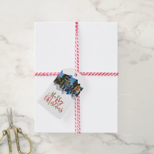 Vroege kerstfoto geïllustreerd cadeaulabel (Met Touw)