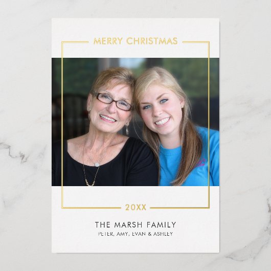 Vroege kerstfoto horizontaal - gouden rand folie feestdagenkaart (Voorkant)