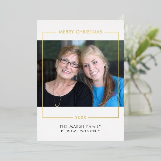 Vroege kerstfoto horizontaal - gouden rand folie feestdagenkaart (Staand Voorkant)