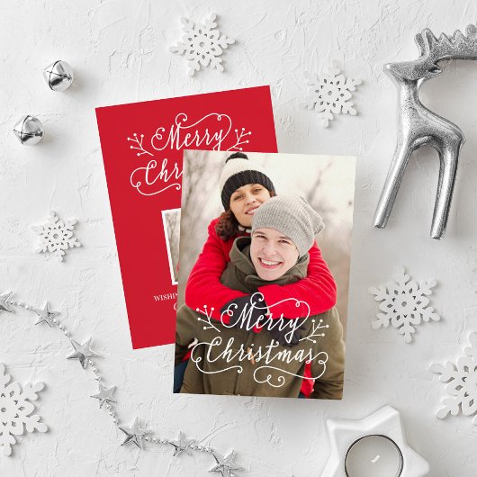 Vroege kerstfoto met modern script Red Merry Feestdagenkaart