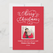 Vroege kerstfoto met modern script Red Merry Feestdagenkaart (Achterkant)