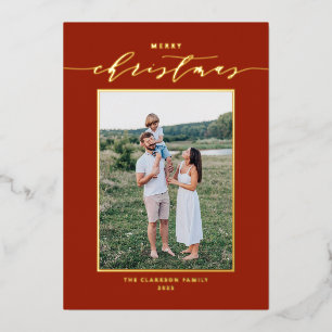 Vroege kerstfoto met modern script Red Merry Folie Feestdagenkaart