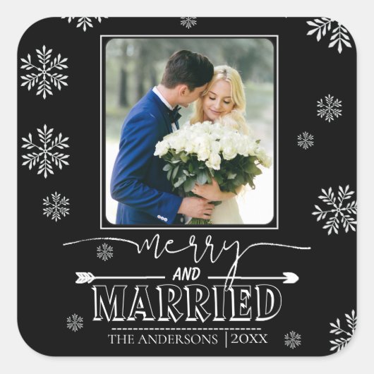 Vroege kerstfoto van Merry and Married Typography Vierkante Sticker (Voorkant)