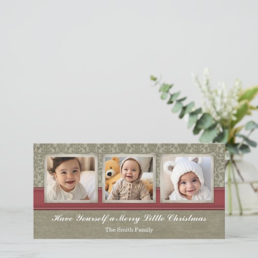 Vroege kerstfotokaart met 3 foto's feestdagenkaart (Staand voorkant)