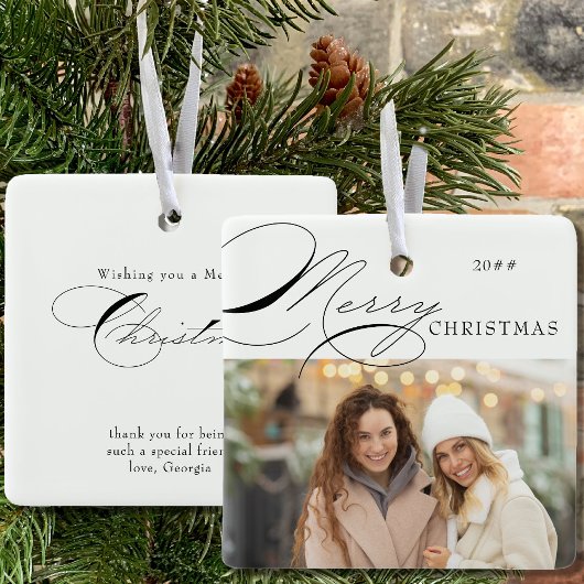 Vroege kerstfoto's en elegante kalligrafie keramisch ornament