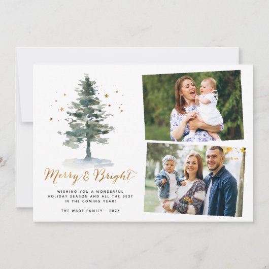 Vroege kerstfoto's van Merry en Bright Gold Script Feestdagenkaart (Voorkant)