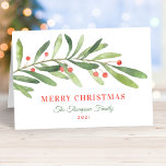 Vroege kerstgroene rode wintergroen feestdagen kaart<br><div class="desc">Deze stijlvolle kerstfeestkaart is uitgerust met een moderne en minimale groene wintertak van de waterverf met rode bessen. De elegante tekst kan volledig met uw keus van groet,  familienaam,  jaar,  en een douanebericht binnen de kaart worden gepersonaliseerd.</div>