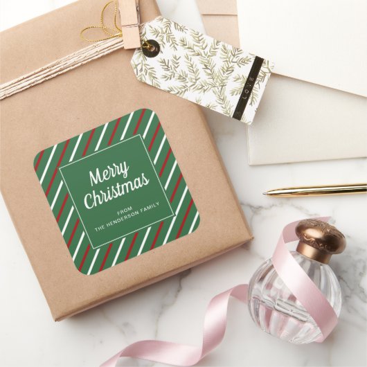 Vroege kerstgroene strepen vierkante sticker (Geschenken)
