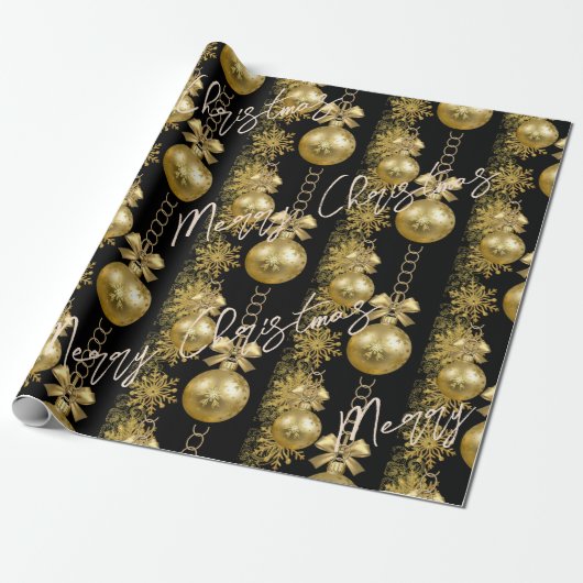 Vroege kerstinpakpapier Gold Balls Black Cadeaupapier (Uitgerold)