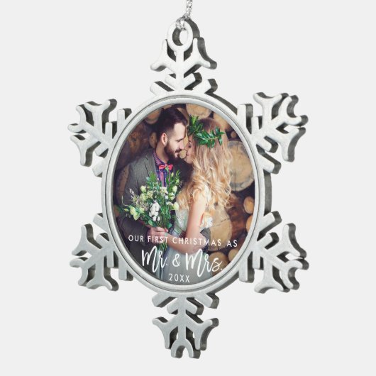 Vroege Kerstmis in penseel als Mr. & Mrs Wedding Tin Sneeuwvlok Ornament (Rechts)