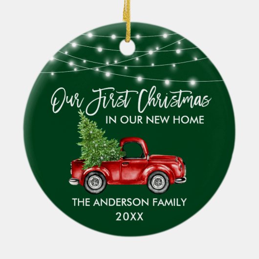 Vroege Kerstmis in penseel script: Groene lantaarn Keramisch Ornament (Achterkant)