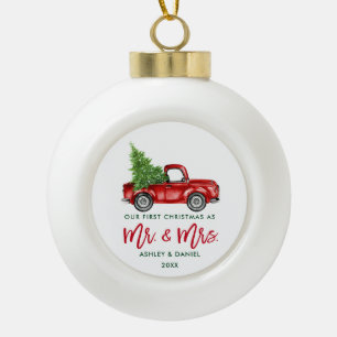 Vroege Kerstmis Rood met penseelscript Keramische Bal Ornament