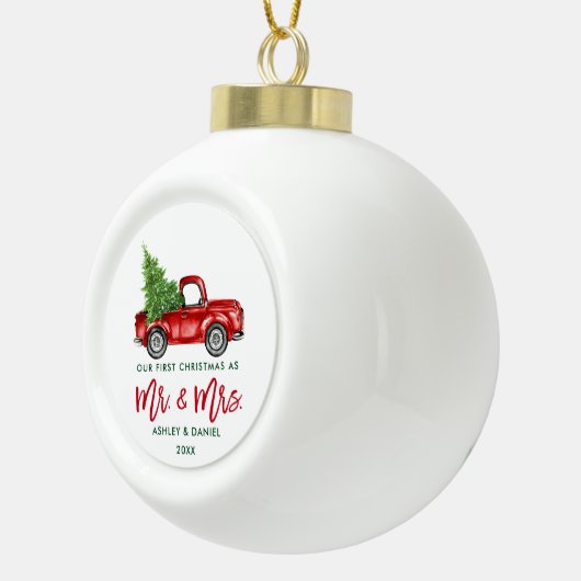 Vroege Kerstmis Rood met penseelscript Keramische Bal Ornament (Rechts)