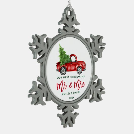 Vroege Kerstmis Rood met penseelscript Tin Sneeuwvlok Ornament (Links)