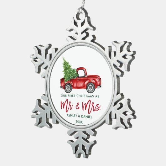 Vroege Kerstmis Rood met penseelscript Tin Sneeuwvlok Ornament (Rechts)