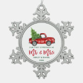 Vroege Kerstmis Rood met penseelscript Tin Sneeuwvlok Ornament (Voorkant)