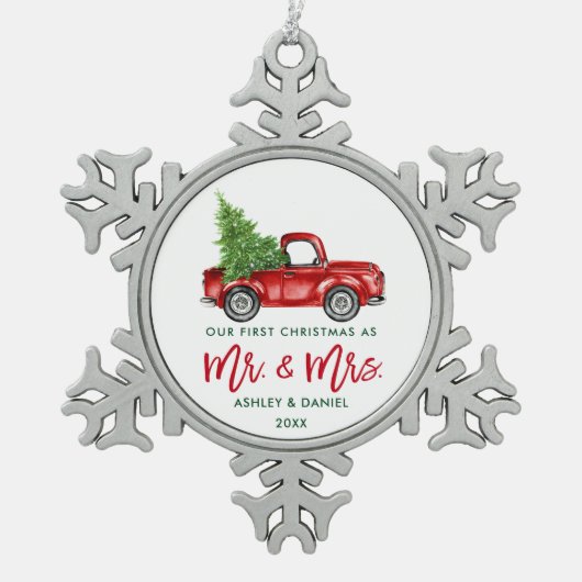 Vroege Kerstmis Rood met penseelscript Tin Sneeuwvlok Ornament (Voorkant)