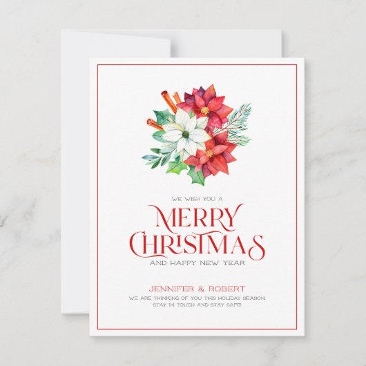 Vroege kersttypografie en poinsettia bouquet bedankkaart (Voorkant)