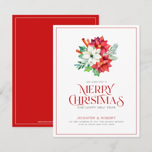 Vroege kersttypografie en poinsettia bouquet bedankkaart (Voorkant / Achterkant)
