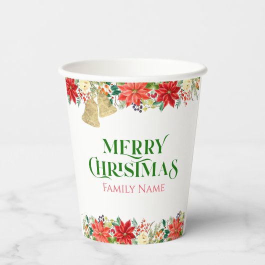 Vroege kersttypografie en poinsettia papieren bekers (Achterkant)