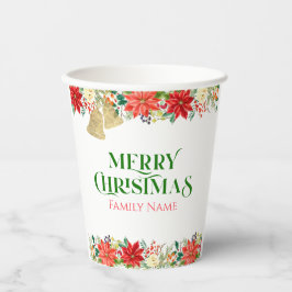 Vroege kersttypografie en poinsettia papieren bekers