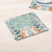 Vroege kerstvakantievossen winterbomen kartonnen onderzetters (Schuin)