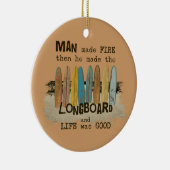 Vroege Man surfende Humor met langwerpborden Keramisch Ornament (Rechts)