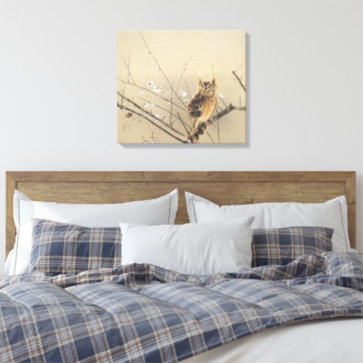 Vroege pruimbloesems met Nishimura Goun, Owl Art Canvas Afdruk (Insitu (Slaapkamer))