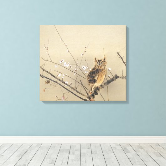 Vroege pruimbloesems met Nishimura Goun, Owl Art Canvas Afdruk (Insitu (Houten vloer))