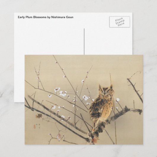 Vroege pruimbloesems van Nishimura Goun,  Owl Briefkaart (Voorkant / Achterkant)