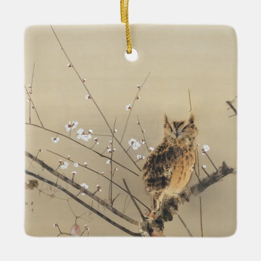 Vroege pruimbloesems van Nishimura Goun,  Owl Keramisch Ornament (Voorkant)