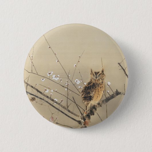 Vroege pruimbloesems van Nishimura Goun,  Owl Ronde Button 5,7 Cm (Voorkant)