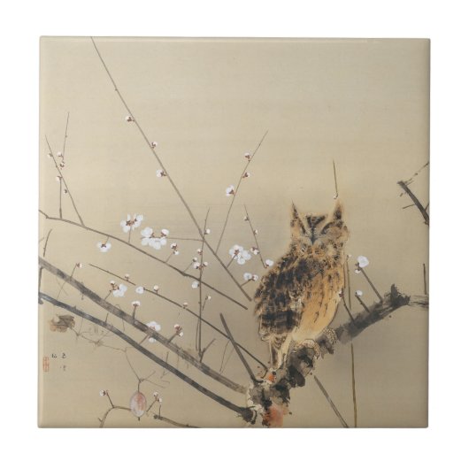 Vroege pruimbloesems van Nishimura Goun,  Owl Tegeltje (Voorkant)