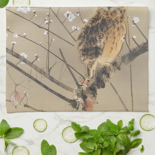 Vroege pruimbloesems van Nishimura Goun,  Owl Theedoek (Gevouwen)