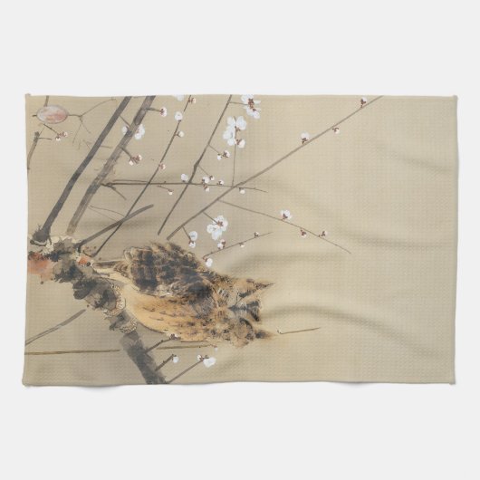 Vroege pruimbloesems van Nishimura Goun,  Owl Theedoek (Horizontaal)