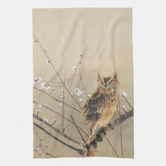 Vroege pruimbloesems van Nishimura Goun,  Owl Theedoek (Verticaal)