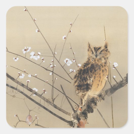 Vroege pruimbloesems van Nishimura Goun,  Owl Vierkante Sticker (Voorkant)