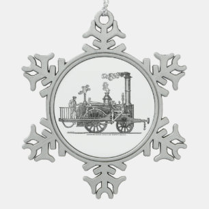 Vroege stoamlocomotief tin sneeuwvlok ornament