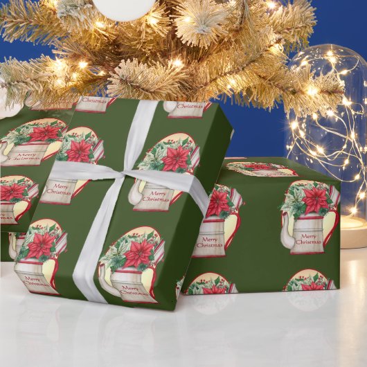 Vroege theepot met poinsettias Kerstmis Cadeaupapier (Feestdagen)