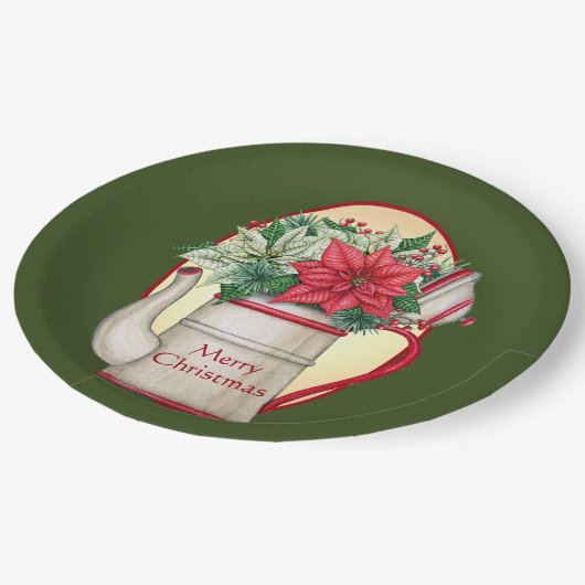Vroege theepot met poinsettias Kerstmis Papieren Bordje (Gekanteld)