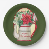 Vroege theepot met poinsettias Kerstmis Papieren Bordje (Voorkant)