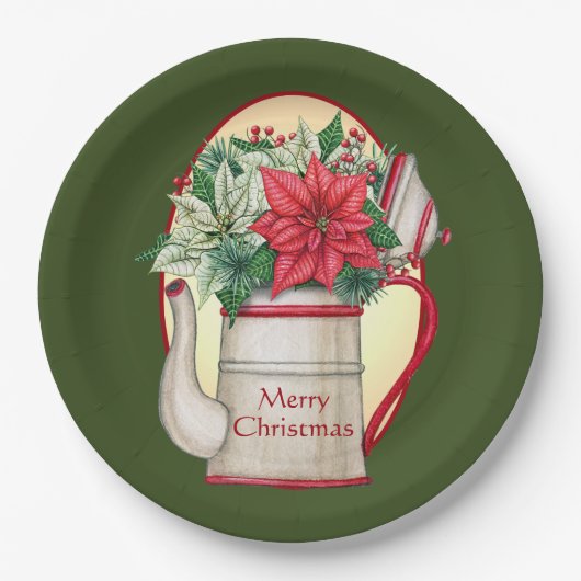 Vroege theepot met poinsettias Kerstmis Papieren Bordje (Voorkant)