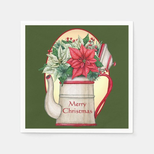 Vroege theepot met poinsettias Kerstmis Servet (Voorkant)