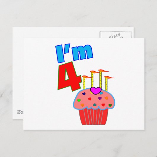 Vroege verjaardag "Ik ben 4" Schattige Cupcake Briefkaart (Voorkant / Achterkant)