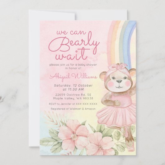 Vroege wachttijd regenboogballet beer baby shower kaart (Voorkant)