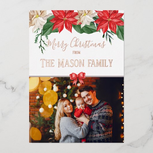 Vroeger kerstfeest Foto Floral Modern Folie Feestdagenkaart (Voorkant)